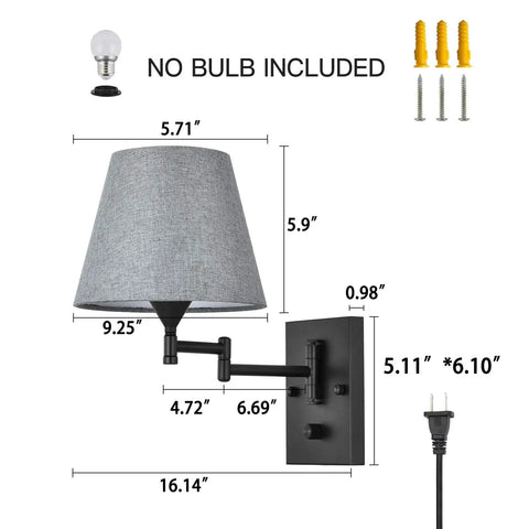 Plug-In Wall Sconce Set Of 2 With Swing-Arm Lamps, Grey Fabric Shade, Black Finish, dimensions and components shown