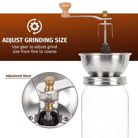 Wide Mouth Mason Jar Coffee Grinder Lid Attachment With Ceramic Burrs, Stainless Steel Manual Grinder for camping and home barista