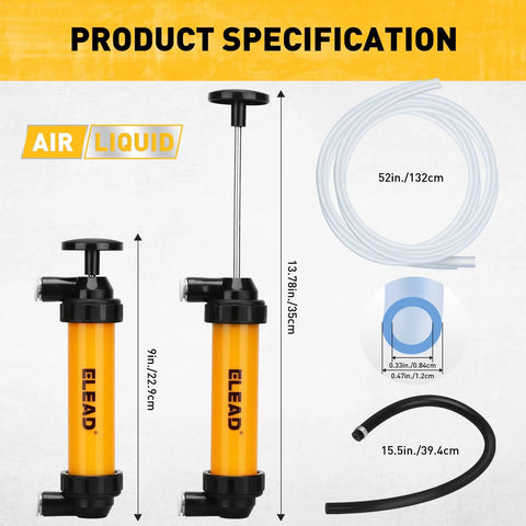 Front/side view of GLEAD gas siphon pump, orange body with black top; includes 52in clear tubing and 15.5in hose.