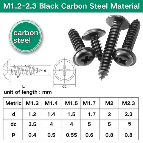 Close-up of 1200 Pcs Black Phillips Truss Head Self Tapping Screws Set M1.2 To M2.3 with diagram and size chart