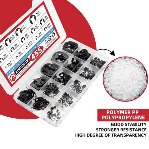 455 Piece E Clip Snap Ring Kit Set With External Retaining Rings, 14 SAE Sizes M1.5 To M15 in labeled box