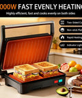 Stainless Steel 1000W Panini Press Grill And Sandwich Maker With Non Stick Plates Removable Drip Tray 3 In 1 Electric Contact Grill Opens 180 Degrees Flat For Burgers Chicken Bacon And More Overheat Protection cooking two sandwiches with toasted sides.