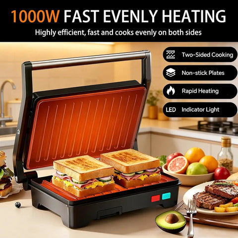 Stainless Steel 1000W Panini Press Grill And Sandwich Maker With Non Stick Plates Removable Drip Tray 3 In 1 Electric Contact Grill Opens 180 Degrees Flat For Burgers Chicken Bacon And More Overheat Protection cooking two sandwiches with toasted sides.