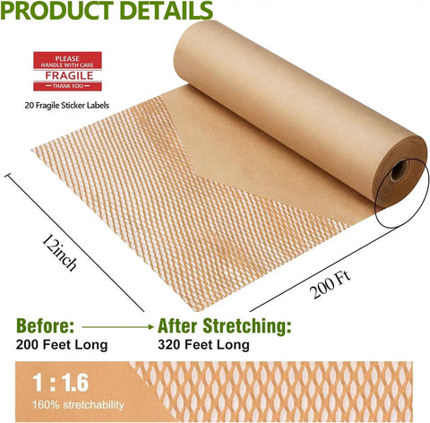 Green Eco Friendly Honeycomb Packing Paper Cushioning Wrap 12 Inch By 200 Ft Kraft Paper Biodegradable And Recyclable For Moving And Gift Wrapping With 20 Fragile Labels