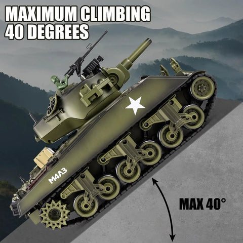 1 18th Scale RC Battle Tank With BB Shooting, Smoke And Lights climbing 40-degree slope, M4A3 Sherman model, all terrain use