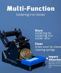 Multi-function soldering iron holder with brass wool tip cleaner and impact absorber, part of the 2 In 1 Soldering Iron Station And Hot Air Rework System With LCD Display, PID Temp Control, Auto Start Stop, Sleep Mode, Includes 3 Extra Nozzles, 5 Extra Soldering Tips, Solder Wire.
