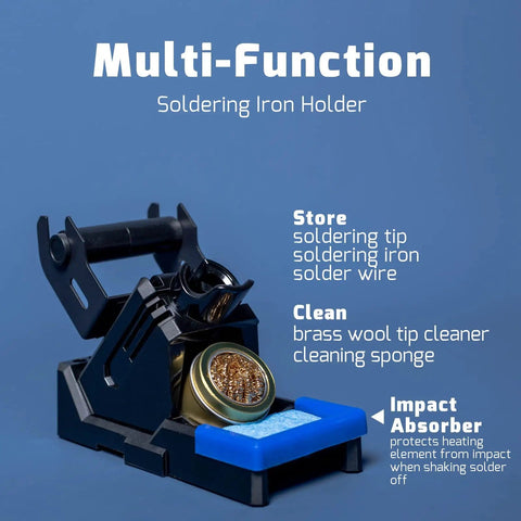 Multi-function soldering iron holder with brass wool tip cleaner and impact absorber, part of the 2 In 1 Soldering Iron Station And Hot Air Rework System With LCD Display, PID Temp Control, Auto Start Stop, Sleep Mode, Includes 3 Extra Nozzles, 5 Extra Soldering Tips, Solder Wire.