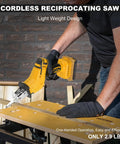 Cordless reciprocating saw with yellow body and attached blade, used on wood; battery not included.