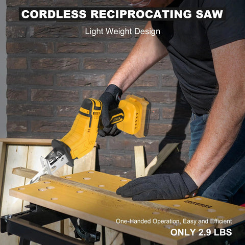 Cordless reciprocating saw with yellow body and attached blade, used on wood; battery not included.