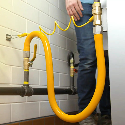 Safety System Kit For Natural Gas Lines Three Quarter Inch ID 48 Inch Flexible Gas Hose with two elbows and fittings, installed