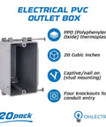 1 Gang New Work Electrical Box Deep 20 Cubic Inch Non Metallic PPO PVC Plastic Construction 20 Pack Captive Nail Mounting