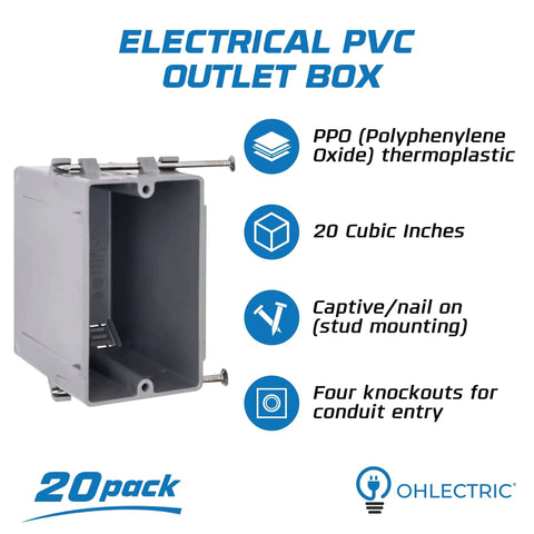 1 Gang New Work Electrical Box Deep 20 Cubic Inch Non Metallic PPO PVC Plastic Construction 20 Pack Captive Nail Mounting