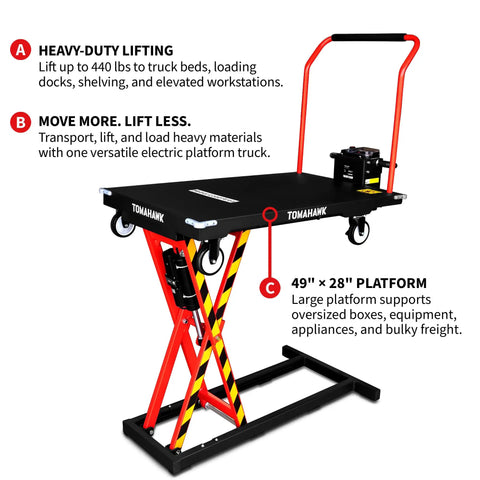 Heavy Duty Electric Scissor Lift Table 59 Inch Height Warehouse Workhorse with 49x28 inch platform for lifting up to 440 lbs.