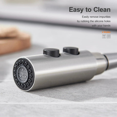 Universal Kitchen Faucet Replacement Head Pull Down Spray Nozzle With Fifteen Heavy Duty Adapters Two Function Sweet Brushed Nickel showing cleaning feature.