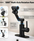 Matte Black Bathroom Sink Faucet In Stainless Steel With 1080 Degree Rotatable Swivel Spout, Single Handle Operation, Fits 1 Or 3 Hole Mount, Dual Water Outlet Modes With Hot And Cold Hoses, Easy Install And A Slick Modern Look. Matte black faucet with 1080° rotating spout and single handle on bathroom sink.
