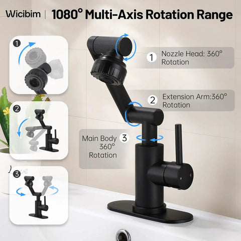 Matte Black Bathroom Sink Faucet In Stainless Steel With 1080 Degree Rotatable Swivel Spout, Single Handle Operation, Fits 1 Or 3 Hole Mount, Dual Water Outlet Modes With Hot And Cold Hoses, Easy Install And A Slick Modern Look. Matte black faucet with 1080° rotating spout and single handle on bathroom sink.