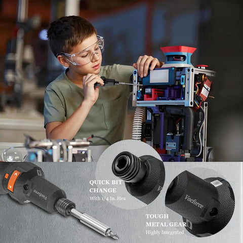 Child using Palm Size 4V Cordless Electric Screwdriver With A 5 Inch Pocket Size Handy One Hand Operation 3 Variable Speeds 320 360 400 RPM