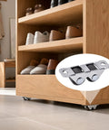 Four Pack Mini Rigid Caster Wheels Double Row Steel Brackets With Brown Polyurethane Treads on shoe shelf for easy mobility.