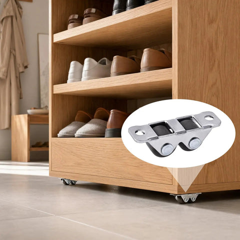 Four Pack Mini Rigid Caster Wheels Double Row Steel Brackets With Brown Polyurethane Treads on shoe shelf for easy mobility.