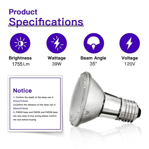 Illustration of PAR20 halogen bulb with specifications including brightness, wattage, beam angle, and voltage.