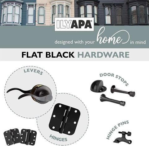 Flat black hardware including levers, door stops, and Matte Black Interior Door Hinges 18 Pack, 3.5 By 3.5 Inch Radius Corner Hinges