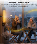 Infrared 1500W Outdoor Patio Heater for Gazebos Pergolas Decks Garages Backyards And Restaurants With Wall And Post Mounted Setup Delivers Instant Carbon Infrared Heat Directly To People And Objects For Easy All Season Comfort, mounted on wooden post, two people sitting at table