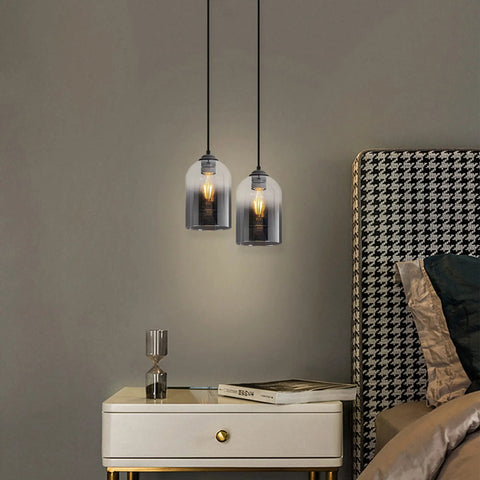 Two black glass cylinder pendant lights set of 2 - modern farmhouse style double glass gradient shades for bedroom nightstand.