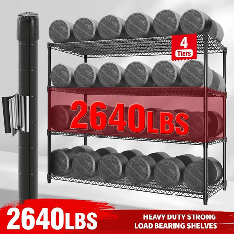 Built Different 4 Tier Metal Shelving Unit With Smooth Rolling Wheels Heavy Duty Carbon Steel Mesh Construction Featuring Reinforced Support Ribs For Zero Sagging And Maximum Weight Capacity In A Sleek Black Finish Perfect For Storage with barrels.