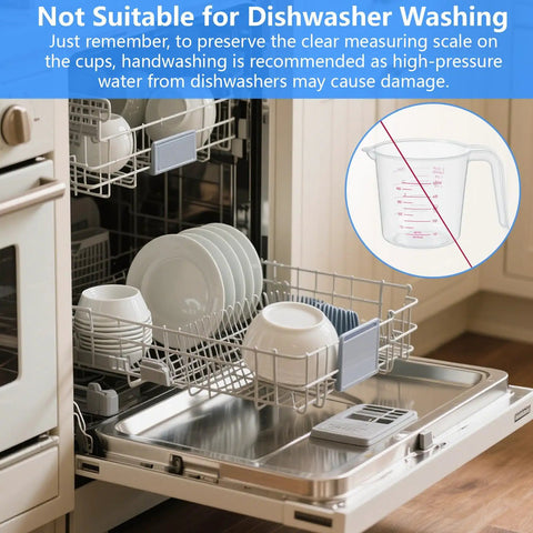 Open dishwasher with insert showing Two Pack Measuring Cup Set 250 Milliliters And 500 Milliliters BPA Free Non Toxic kitchen measuring cups.