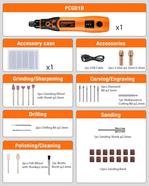 Mini Cordless Rotary Tool Kit With 3.7V USB Recharge, 32 Accessories, Three Speeds 5K 10K 15K RPM, shown with attachments