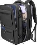 Open view of Sturdy Unisex Travel Backpack For Laptop, Carry-On Size With 40L Expandable To 48L, packed with clothes and passport, Black.