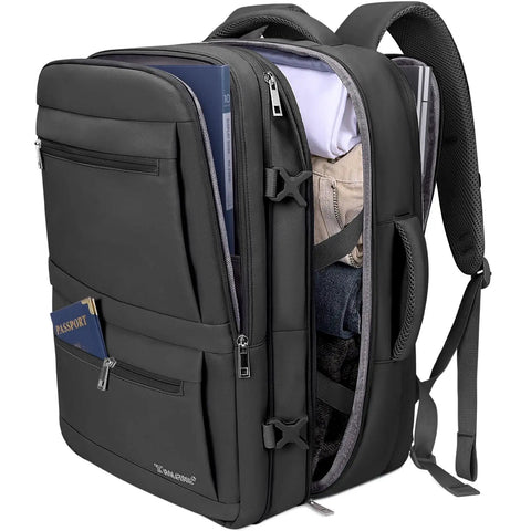 Open view of Sturdy Unisex Travel Backpack For Laptop, Carry-On Size With 40L Expandable To 48L, packed with clothes and passport, Black.