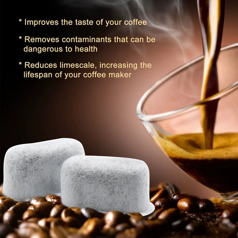 12 Pack Charcoal Coffee Maker Water Filters Replacement Set that boosts flavor and purity, shown with brewed coffee in background