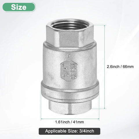 M METERXITY stainless steel inline spring check valve, 3/4" NPT, vertical, silver
