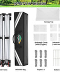 10x20 Pop Up Canopy With 6 Sidewalls For Parties And Outdoor Events kit contents, including steel frame and accessories.