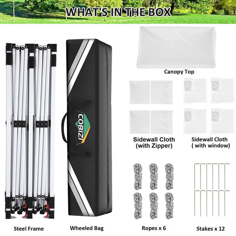 10x20 Pop Up Canopy With 6 Sidewalls For Parties And Outdoor Events kit contents, including steel frame and accessories.