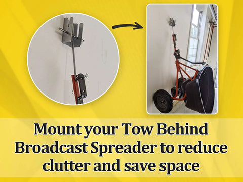 Tow Behind Wall Mount Bracket Kit For Lawn Care Attachments Space Saving Garage Organizer Keeps Mowers Spreaders Off Floor