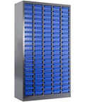Front view of Heavy Duty 100 Drawer Parts Storage Cabinet With Alloy Steel Frame And Thick ABS Drawers For Nuts And Bolts Anti Slip Stops Garage Organizer For Small Parts Built Tough And Easy To Grab, against a white background.