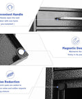 Close-up of features on outdoor steel key lock mailbox with wall mount, showing handle, magnetic design, and noise reduction details.