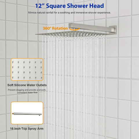 Dcolora 10 Inch Rain Shower System with Handheld Shower, 12 inch square shower head, features soft silicone outlets and 360° rotation.