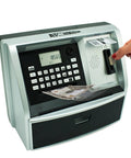 Hand inserting coin into Kid Friendly ATM Piggy Bank With Electronic Coin Counter Card And Password Mini ATM Machine For Kids