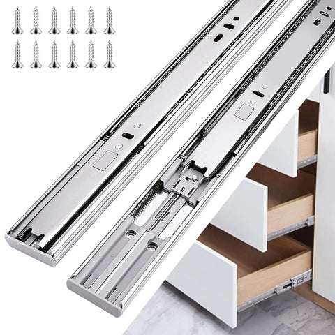 18 Inch Drawer Slides 4 Pair Soft Close Full Extension Side Mount Cabinet Rails showing metal tracks and screws for installation.