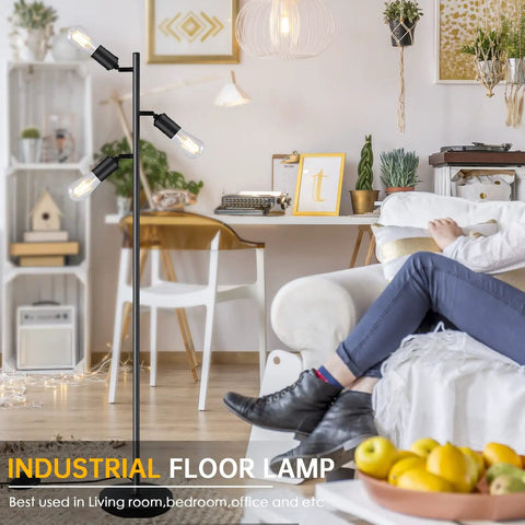 Industrial Floor Lamp With Three Adjustable Rotating Arms, Tree Style Standing Light in modern living room, black finish