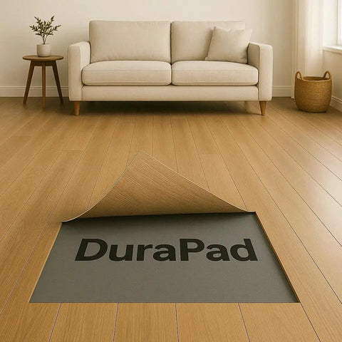 Built Different Premium Flooring Underlayment For Luxury Vinyl Plank And Carpet Tile Roll shown being unrolled in a living room.