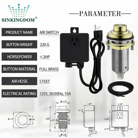 Matte Black Air Switch Kit With Long Button For Garbage Disposal Single Outlet Full Brass Construction Easy Install, components displayed