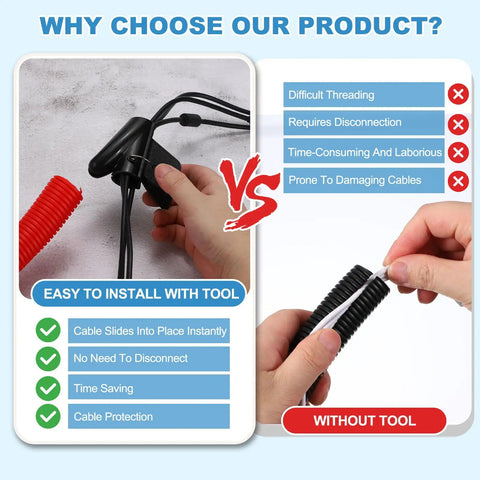 Split Wire Loom Tubing Pro Grade 1/2 Inch ID, 10 Feet Length, With Installation Tool, grip comparison, red and black tubing