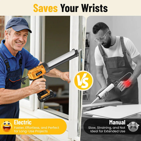 Comparison of Cordless Caulking Gun with two 2000mAh batteries and manual caulking gun used by workers