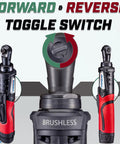 Forward and reverse toggle switch on Brushless Quarter Inch Cordless Ratchet Wrench Kit, 12V Li-Ion Power, 45 Ft-Lbs Max Torque.