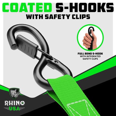 Coated S-hooks with safety clips for Tough As Nails Heavy Duty Ratchet Straps Tie Downs 4 Pack 1 Inch Wide By 15 Feet Long.