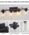 4 Light Black Vanity Light Fixtures For Modern Bathrooms Over The Mirror With Clear Glass Shades And Durable Metal Base